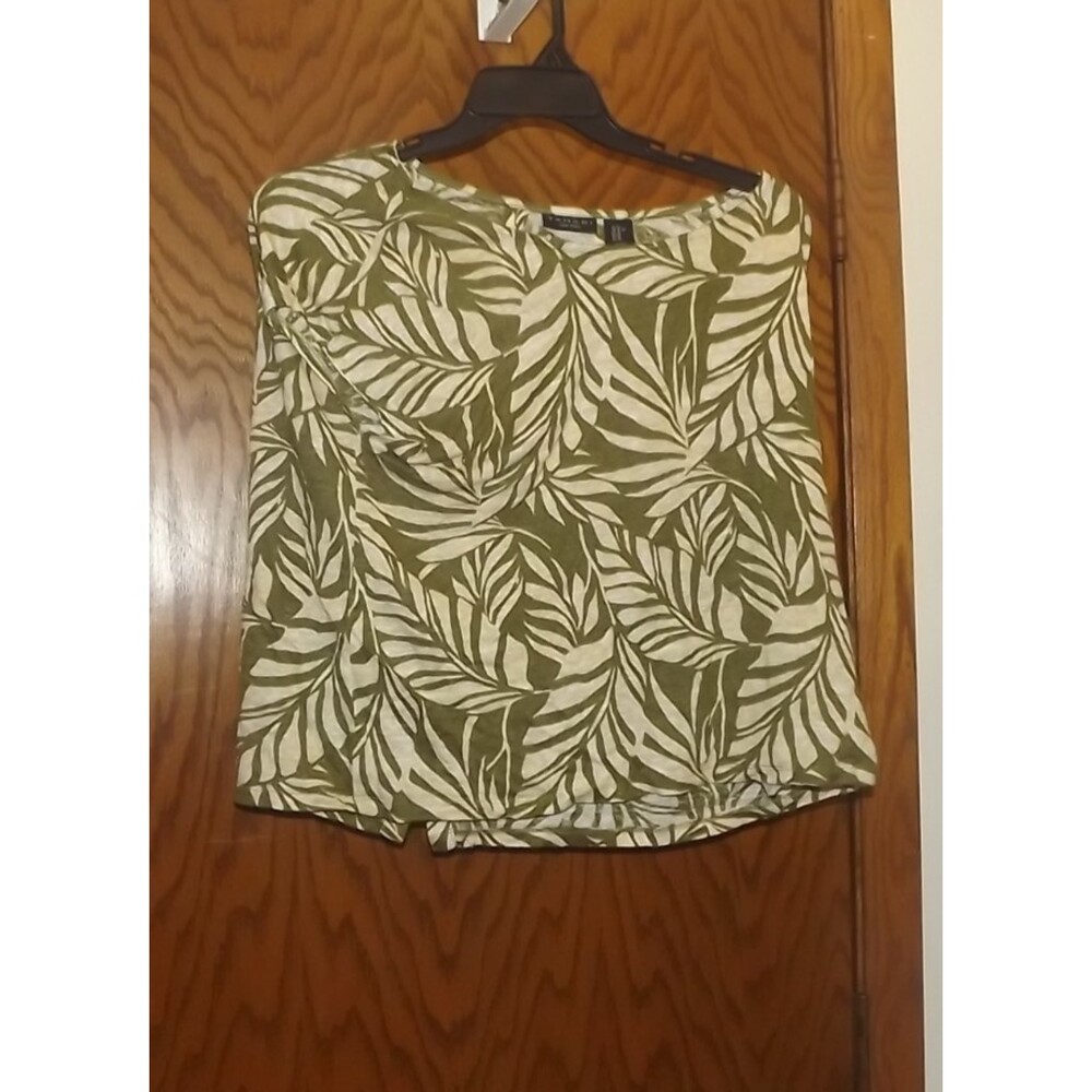 Tahari 100% Linen Tropical Green Palm Leaf Button Back Blouse Top XL